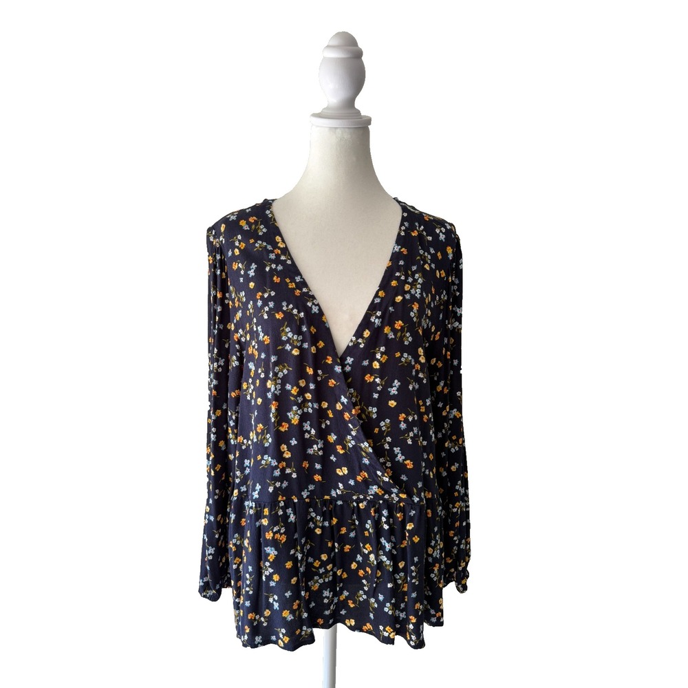 LOFT Women's L Navy Floral Print Faux Wrap V-Neck Long Sleeve Peplum Hem‎ Blouse
